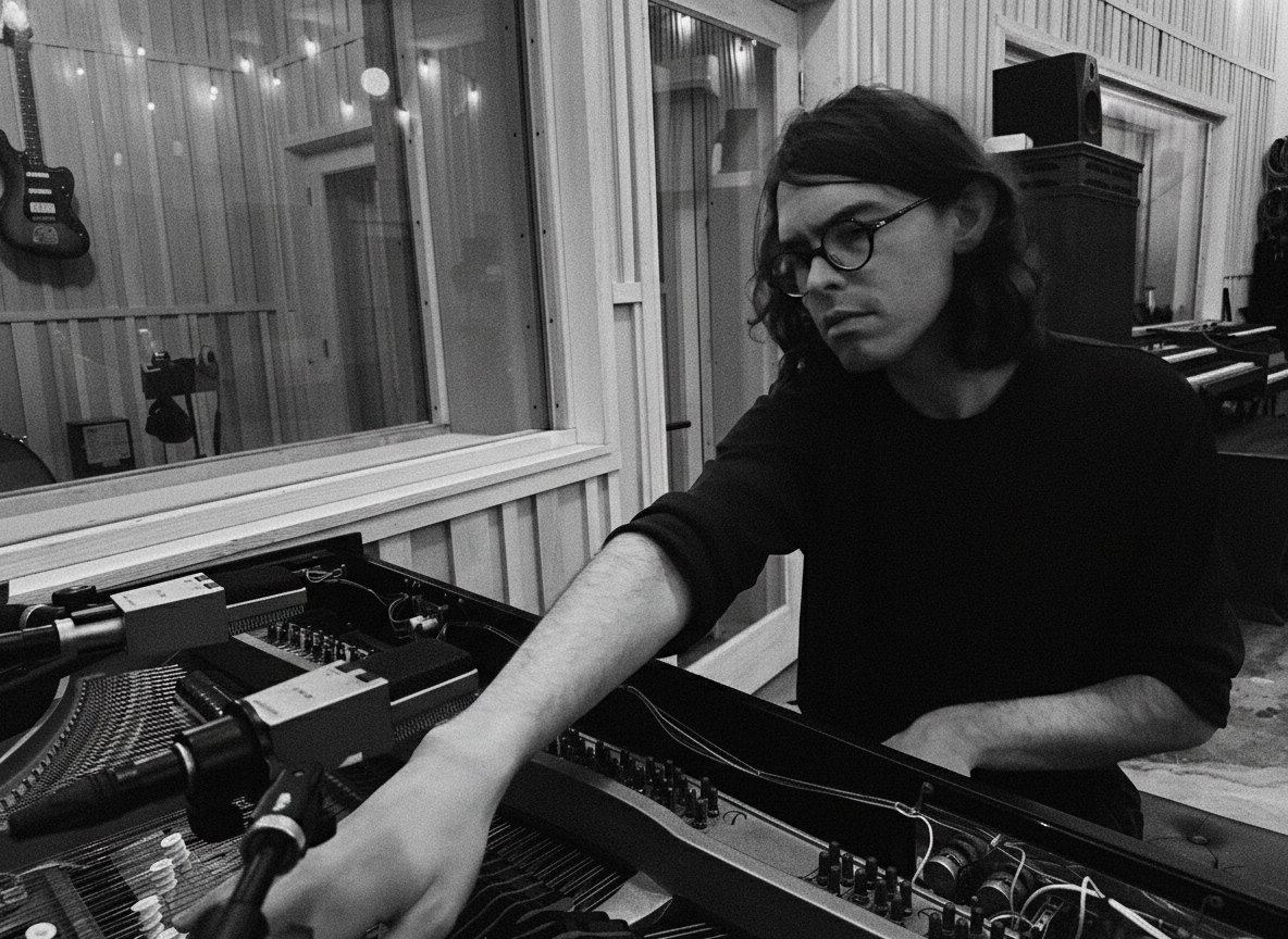 Theo Karon adjusting microphones inside a prepared piano at Hotel Earth